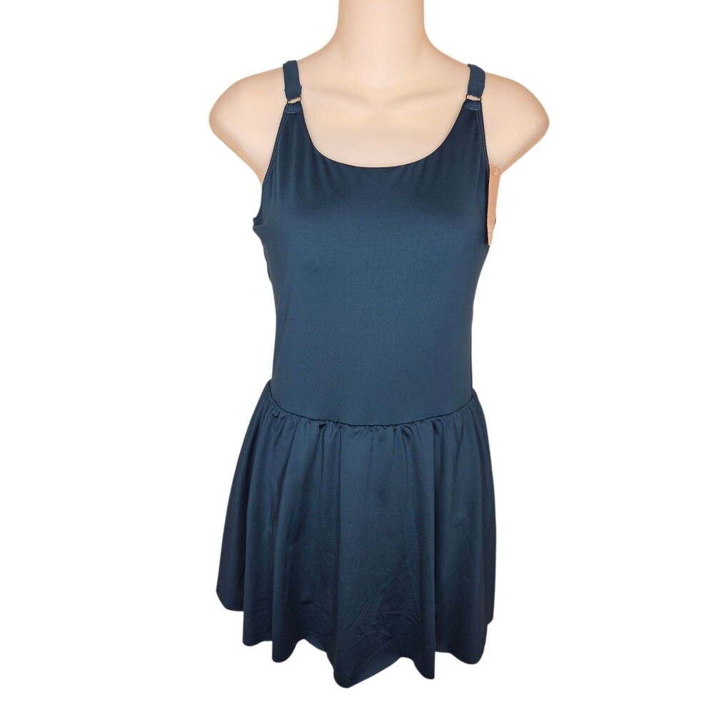 NWT Diane Poitiere Teal Blue Skirted One-Piece Swimsuit Swim Dress M 34